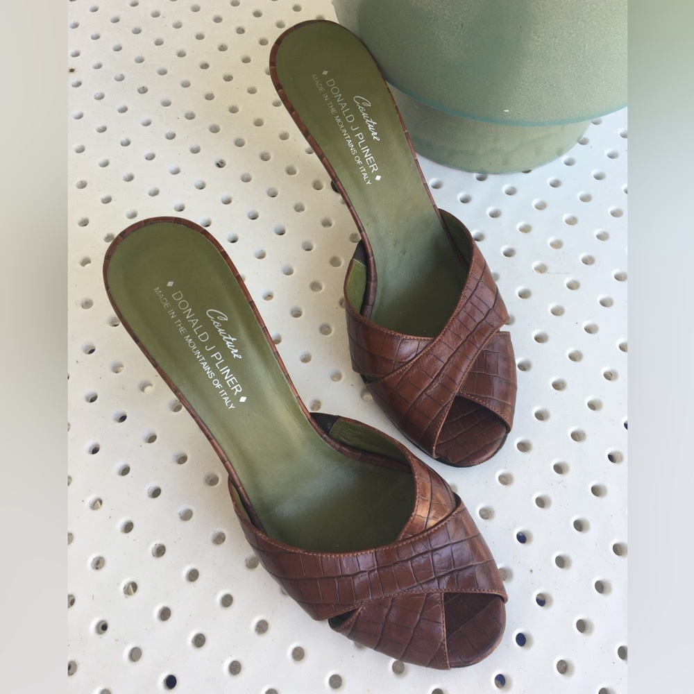 Donald J. Pliner Brown Croc-Embossed Leather Slide Mules